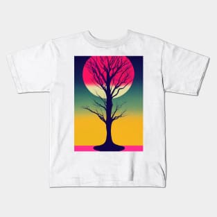 Pink Full Moon Over A Vibrant Colored Whimsical Minimalist Lonely Tree - Abstract Minimalist Bright Colorful Nature Poster Art of a Leafless Branches Kids T-Shirt